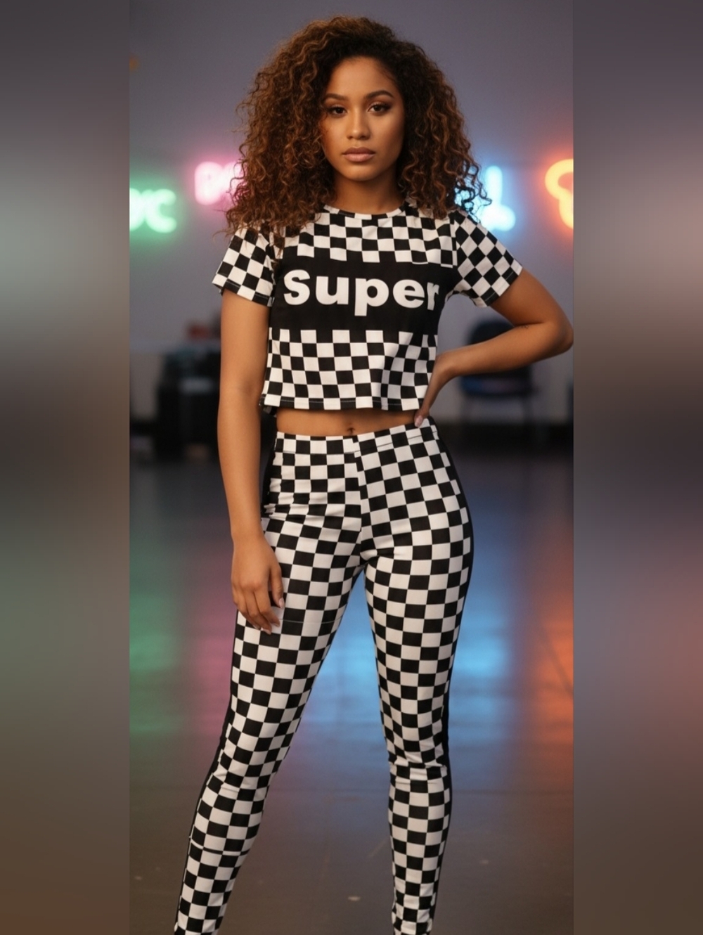 Black And White Checker Two-Piece Crop Top & Leggings Set